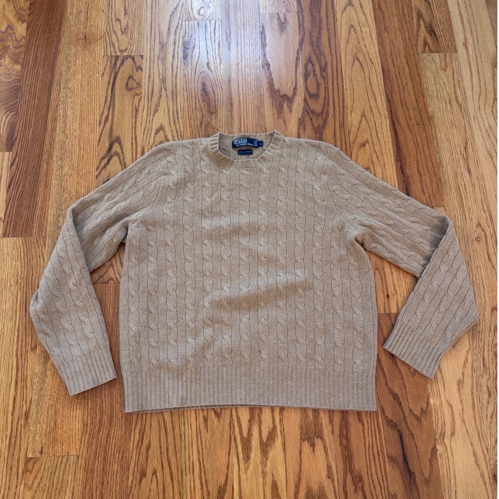 Polo Ralph Lauren Men Large Tan Beige 100% Cashmere Cable Knit Crewneck Sweater